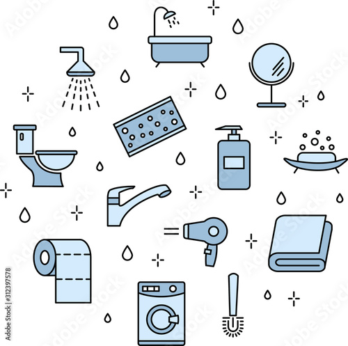  Set of vector icons of bathroom. Bathroom accessories outline icons. Bathroom furniture outline icons. Bathroom icons