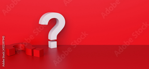 white and red question mark isolated on red room background with blank space on the right. 3d rendering