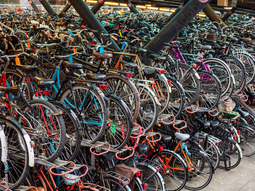 Closely packed bicycles in a bicycle park in the city of Leiden, the Netherlands