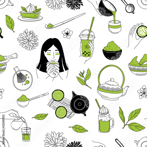 Japanese ceremony with Matcha. Eastern woman Hands holding drinking tea.