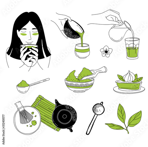 Japanese ceremony with Matcha. Eastern woman Hands holding drinking tea.