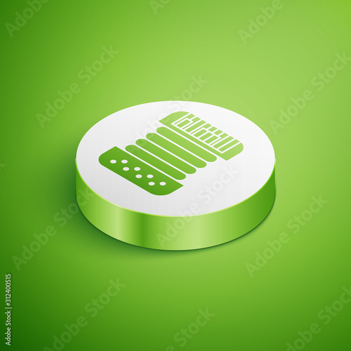 Isometric Musical instrument accordion icon isolated on green background. Classical bayan, harmonic. White circle button. Vector Illustration