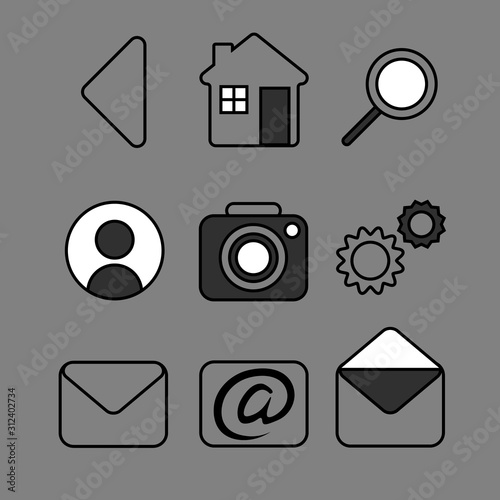 Set of nine simple monochrome web icons: navigation, user profile, settings, messages
