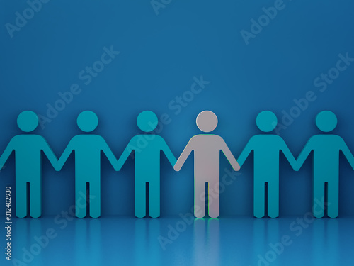 grupa ludzi trzymająca się za ręce jeden inny na niebieskim tle z cieniem wyróżnij się z tłumu kreatywny pomysł render 3d