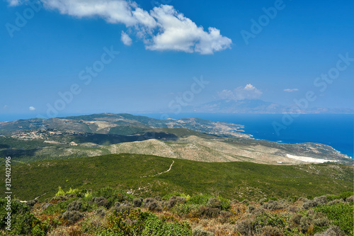 Mountain peaks, rocks and sea on Zakynthos island in Greece.