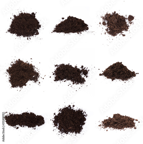 Set of Pile of humus soil isolated on white background