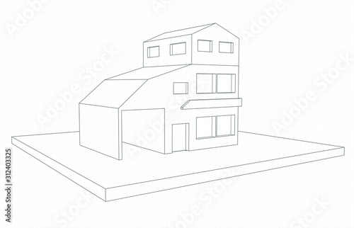 Drawing of a three-story house with garage lines