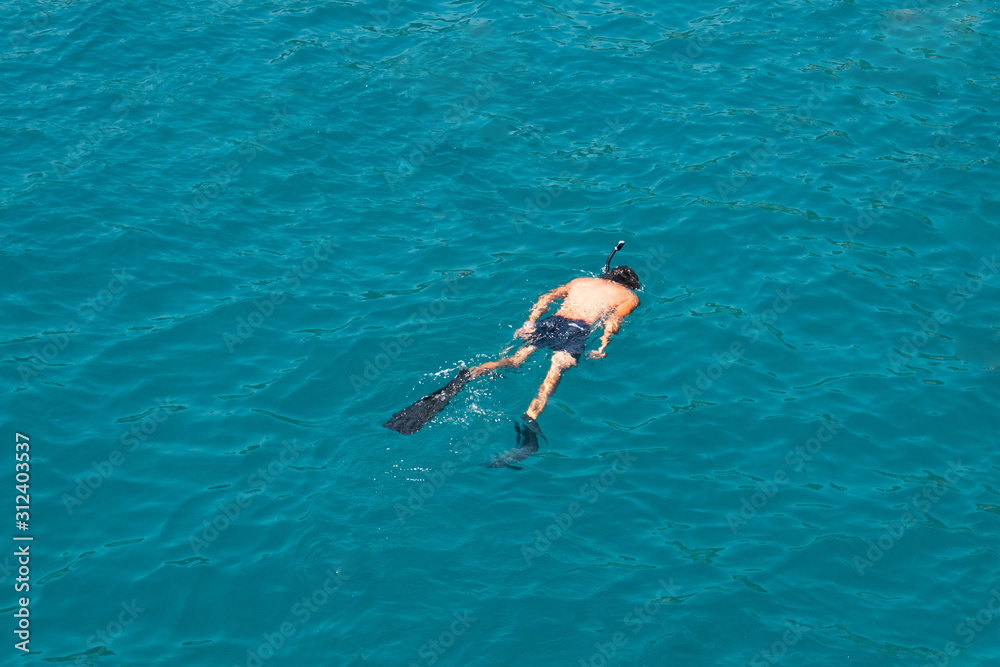 Man swims in the sea with a snorkel and a mask, diving.
