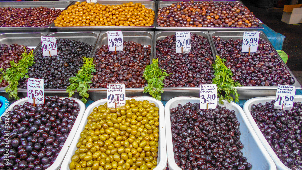 An assortment of olives at a market in Athens, Greece
