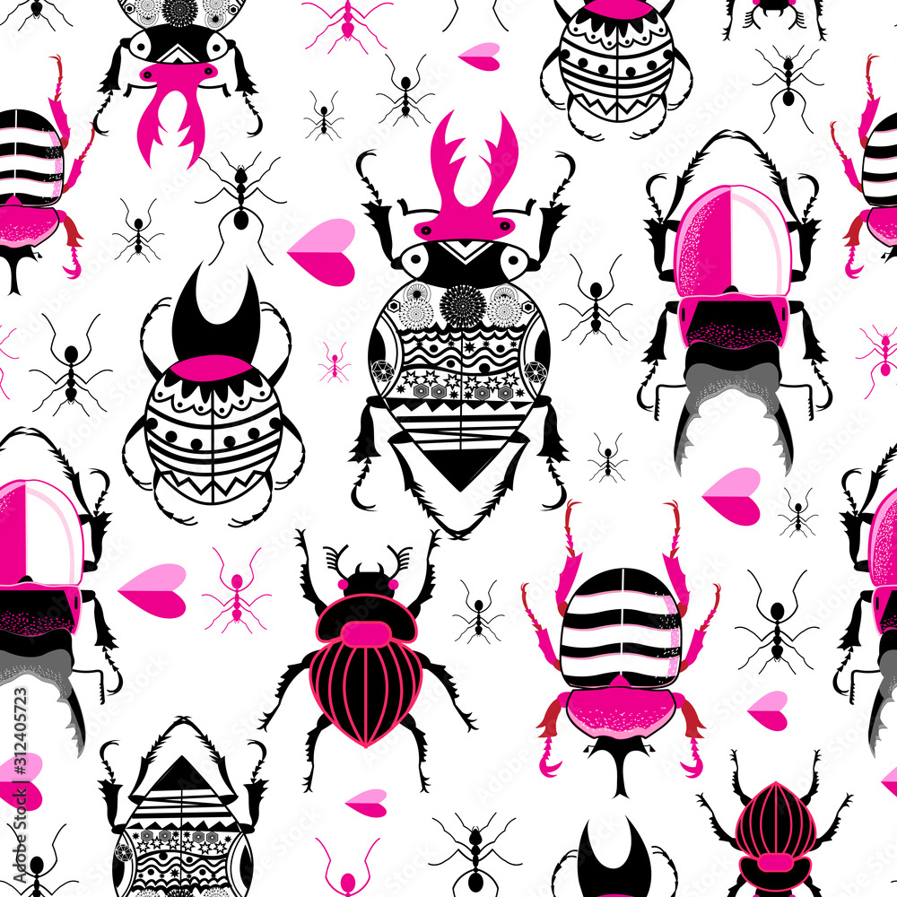 Vector bright seamless pattern with beetles and ants