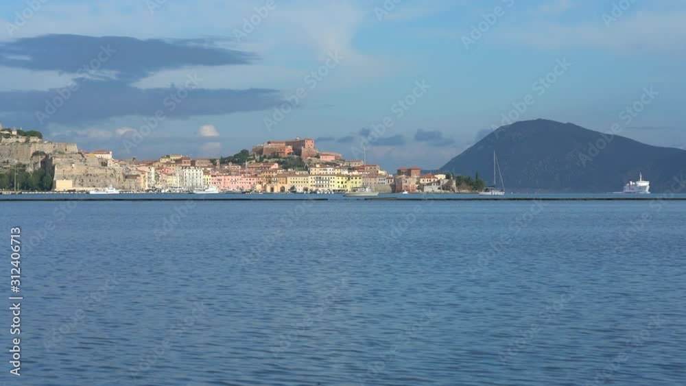 Portoferraio, Elba Island, Ferry arriving on the right side. Tuscany, Italy