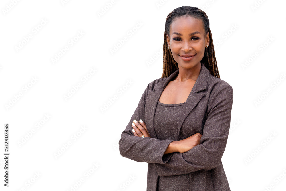 Beautiful female african american business woman CEO in a suit, isolated on white background