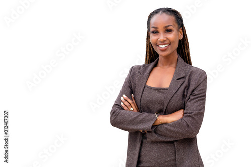 Warm, friendly, beautiful cheerful african american executive business woman isolated on white background
