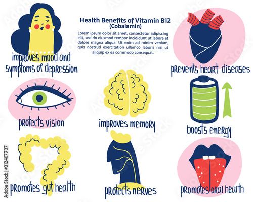 Hand drawn vitamin B12 cobalamin benefits: improves memory, boosts energy, protect nerves, gut health, propects vision. Vector illustration is for pharmalogical or medical poster, brochure.