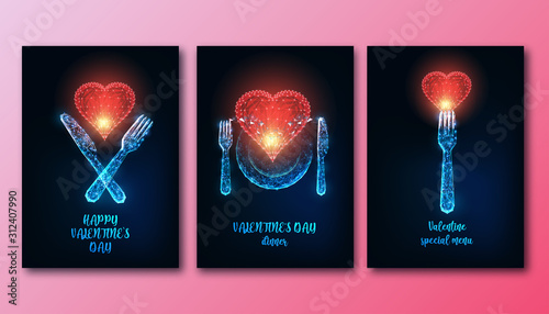 Futuristic Valentines day dinner poeters set with glowing low poly knife, fork, plate and red heart.