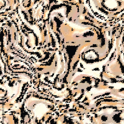 Camouflage vector cat fur texture background. Faux effect animal skin leopard, wild tiger style. Variegated blurred blotched pattern design. Camo brown black white furry textile surface repeat swatch