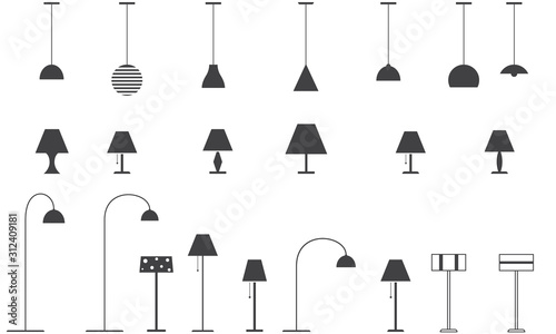 Fototapeta Set of lamps - floor lamp, table lamp, ceiling lamp. Vector illustration.