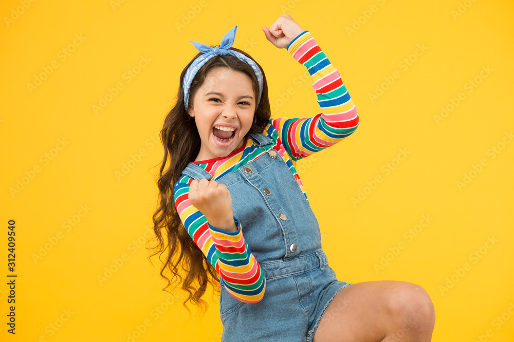summer vacation joy. little child yellow background. old fashioned handkerchief for kid. beauty and fashion. small girl long hair. happy childhood. retro girl express happiness. feeling great success - obrazy, fototapety, plakaty 