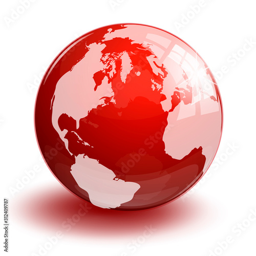 Red transparent glass earth globe on a white