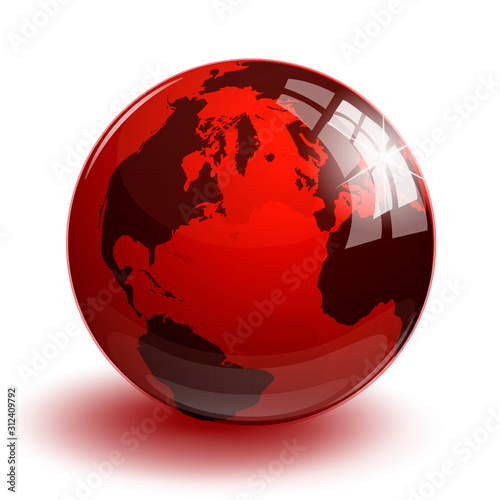 Red transparent glass earth globe on a white
