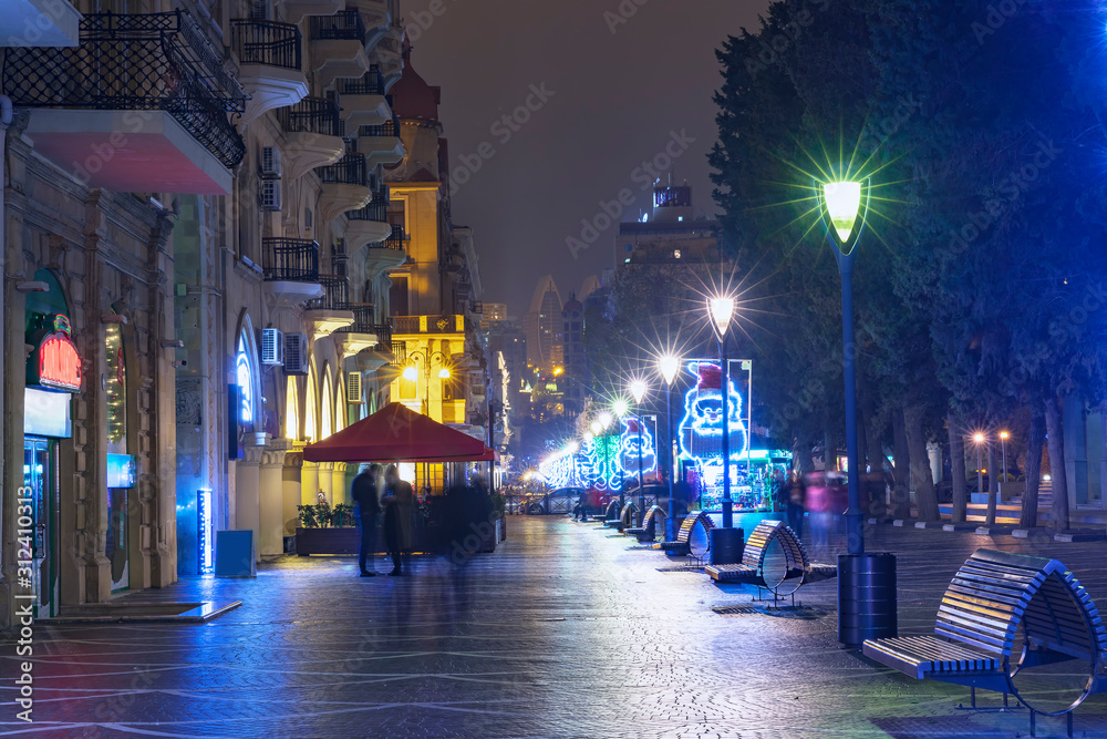 The central street decorated with New Year's garlands in Baku