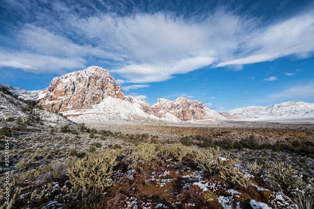 Winter snow on sandstone desert peaks at Red Rock Canyon National Conservation Area.  A popular natural area 20 miles from Las Vegas, Nevada.  