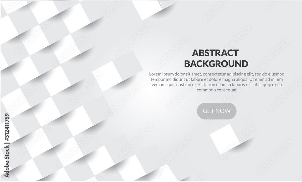 3D Abstract white geometric  shape with gray and white cubes.Brick wall squares texture. Panoramic Solid Surface background.Creative design minimal modern wallpaper and banner . Vector Illustr