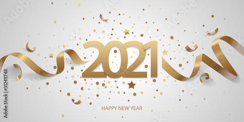 Happy New Year 2021. Golden numbers with ribbons and confetti on a white background.