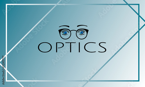 Optics logo design with blue eyes in black eyeglasses photo