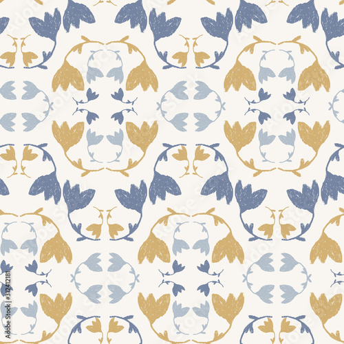 French shabby chic damask vector texture background. Spring tulip in blue and yellow on off white seamless pattern. Hand drawn floral interior home decor swatch. Classic farmouse style all over print 