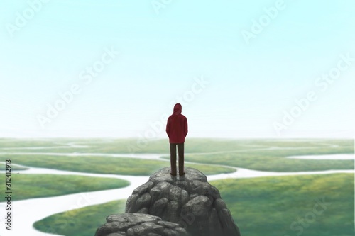 Man alone with the river  painting illustration