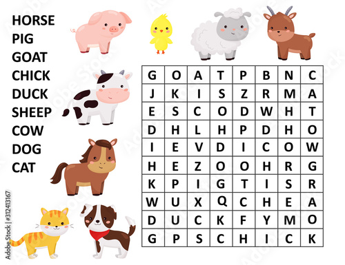 Word search game. Kawaii cartoon farm animals. Learn english words. Educational worksheet for preschool and school children.