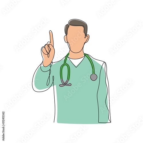  The doctor is a man. Young. Thumb up. Recommends. One line .Vector image isolated on a white background.