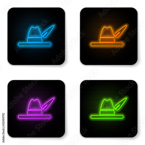 Glowing neon Oktoberfest hat icon isolated on white background. Hunter hat with feather. German hat. Black square button. Vector Illustration