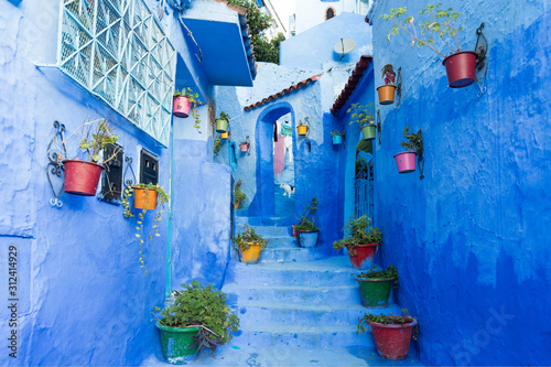 Traditional typical moroccan architectural details in Chefchaouen, Morocco, Africa Beautiful street of blue medina with blue walls and decorated with various objects (pots, jugs). A city with narrow,  © Michal