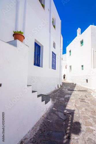View of the famous pictorial narrow streets of Mykonos town in Mykonos island, Greece