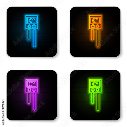 Glowing neon Temperature and humidity sensor icon isolated on white background. Black square button. Vector Illustration