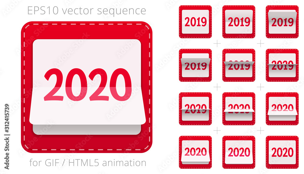 Animated date flipper for announcing New Year's events. Vector sequence for  GIF, HTML, flash animation. Red