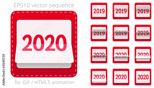 Animated date flipper for announcing New Year's events. Vector sequence for GIF, HTML, flash animation. Red 3D icon of the flipping calendar from 2019 to 2020. Sprite sheet, 12 frames per second rate