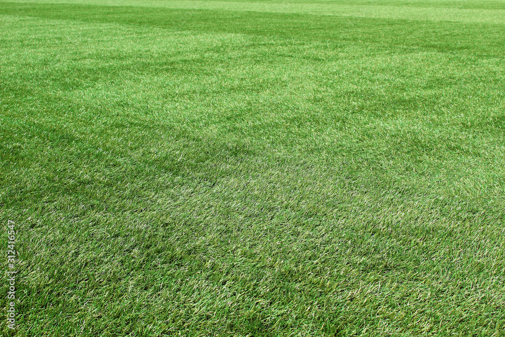 Green artificial grass on the football field. Horizontal view. Background. Texture. Green artificial grass on the football field. Horizontal view. Background. Texture.