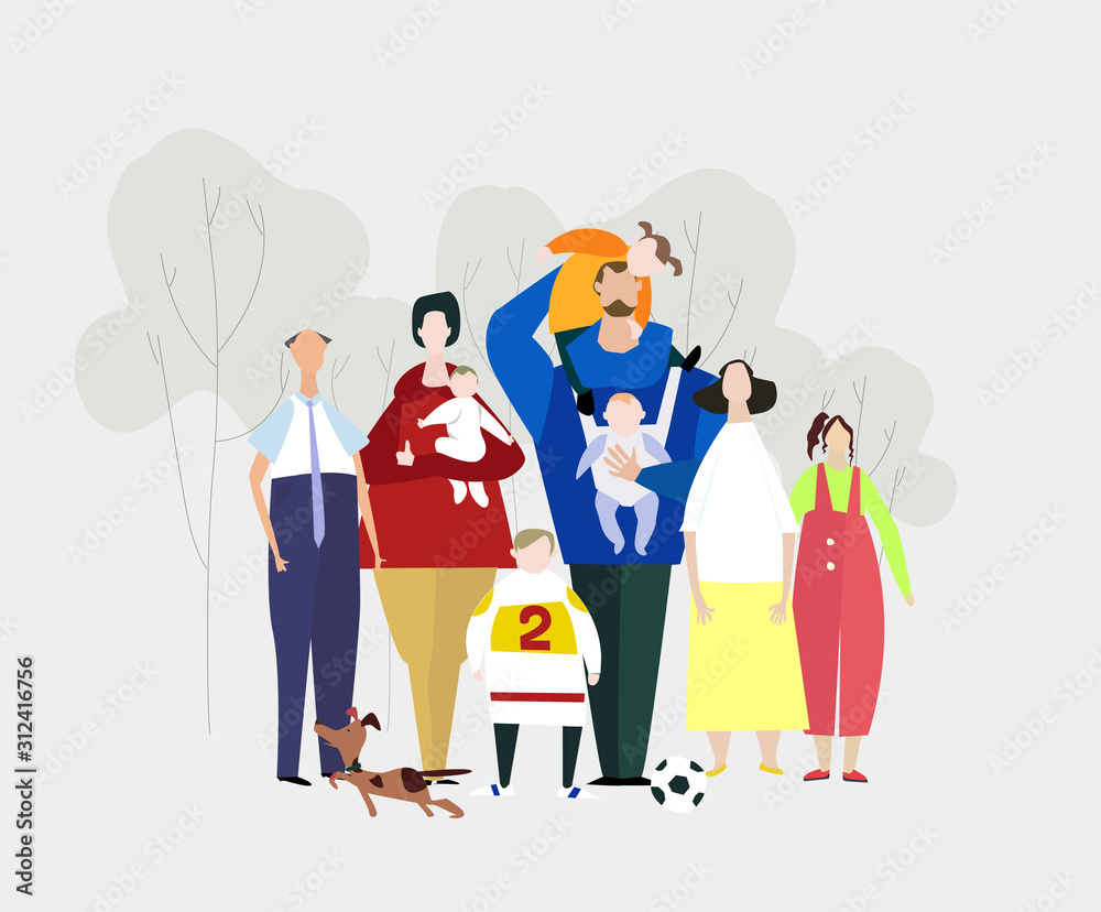 Big happy family illustration. Grand parents, grand children, mother and father and pets - dog and cat.