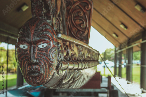 Traditional maori carvings in Rotorua, North Island, New Zealand