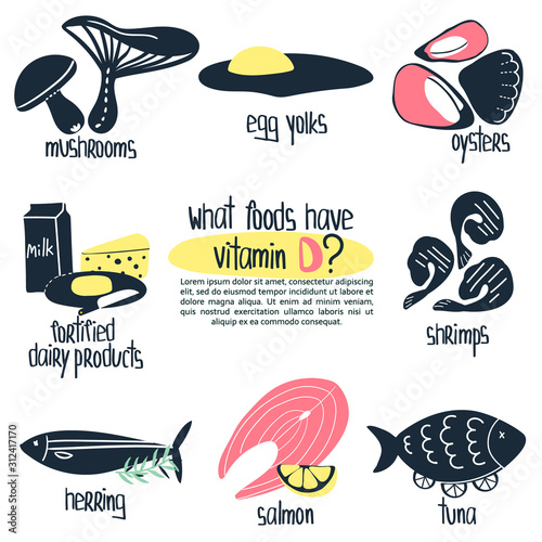 Hand drawn vitamin D food sources: salmon, tuna, herring, shrimps, fortified food, egg yolks. Vector illustration is for pharmacological or medical poster, brochure.