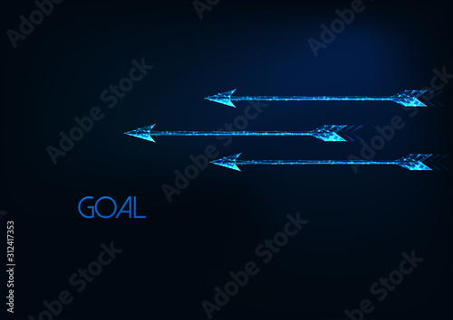 Futuristic goal concept with three glowing low polygonal moving arrows isolated on dark blue.