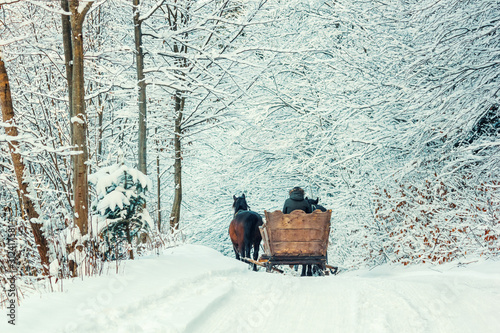 Winter landscape - view of the snowy road with with a horse sleigh in the winter mountain forest after snowfall © rustamank