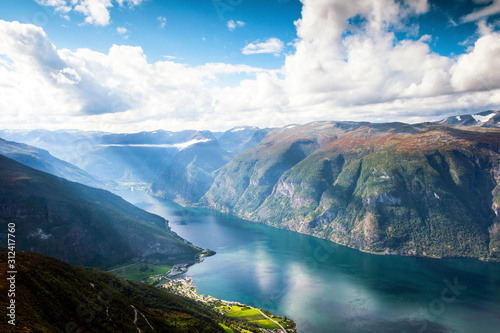 Beautiful mountain landscape in Aurland and Aurlandsfjord in the sunlight , Sogn og Fjordane, Norway. photo
