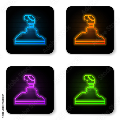 Glowing neon Gear shifter icon isolated on white background. Transmission icon. Black square button. Vector Illustration