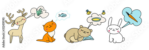 Fototapeta Naklejka Na Ścianę i Meble -  Doodle sleeping cat, deer, hare and bear dreaming of delicious food.  Vector illustration