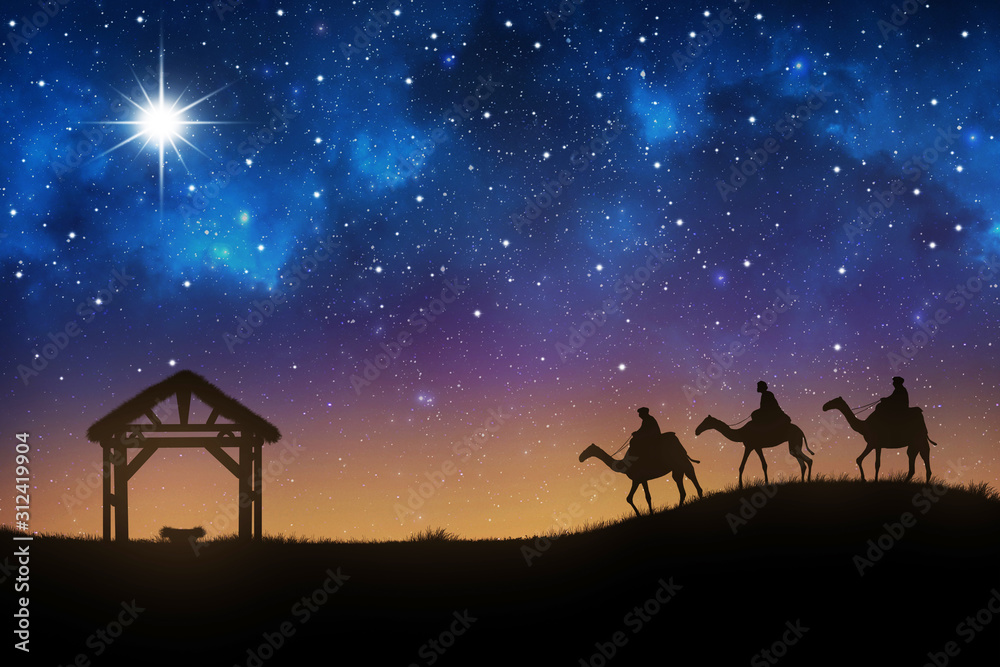 Christmas story. Three wise men go for the star of Bethlehem.