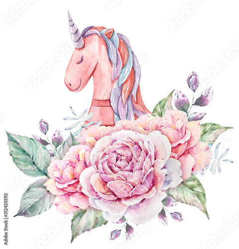 Dekoracja na wymiar  cute-hand-painted-watercolor-unicorn-illustration-lovely-horse-in-floral-wreath-perfect-for-logo-wedding-or-greeting-cards-print-pattern